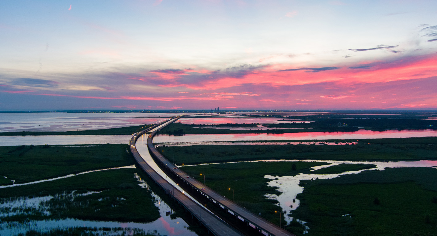 Aerial view of mobile bay at sunset
